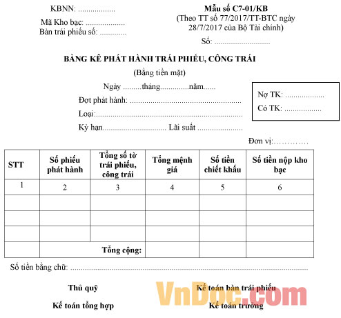 Mẫu số C7-01/KB bảng kê phát hành trái phiếu, công trái
