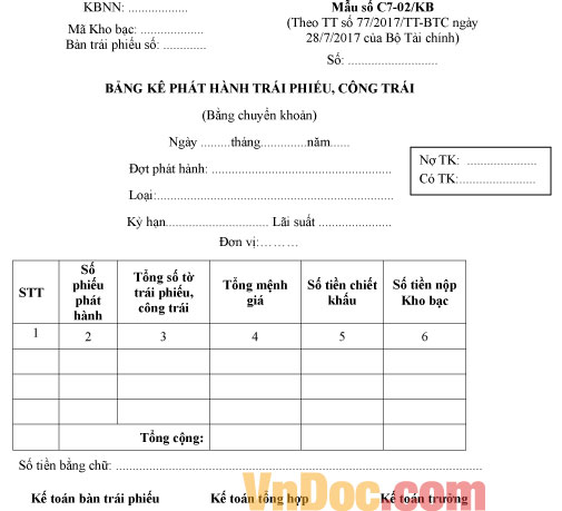 Mẫu số C7-02/KB bảng kê phát hành trái phiếu, công trái (bằng chuyển khoản)