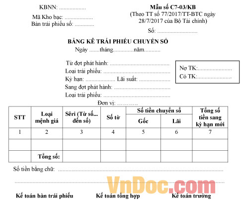 Mẫu số C7-03/KB bảng kê trái phiếu chuyển sổ