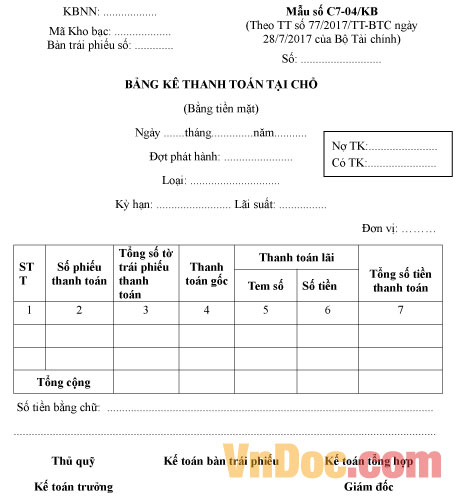 Mẫu số C7-04/KB bảng kê thanh toán tại chỗ