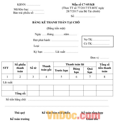 Mẫu số C7-05/KB bảng kê thanh toán tại chỗ (bằng tiền mặt)