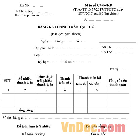 Mẫu số C7-06/KB bảng kê thanh toán tại chỗ (bằng chuyển khoản)