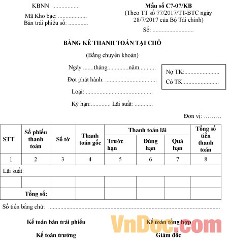 Mẫu số C7-07/KB bảng kê thanh toán tại chỗ (bằng chuyển khoản)