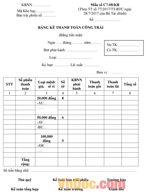 Mẫu số C7-08/KB bảng kê thanh toán công trái (bằng tiền mặt)