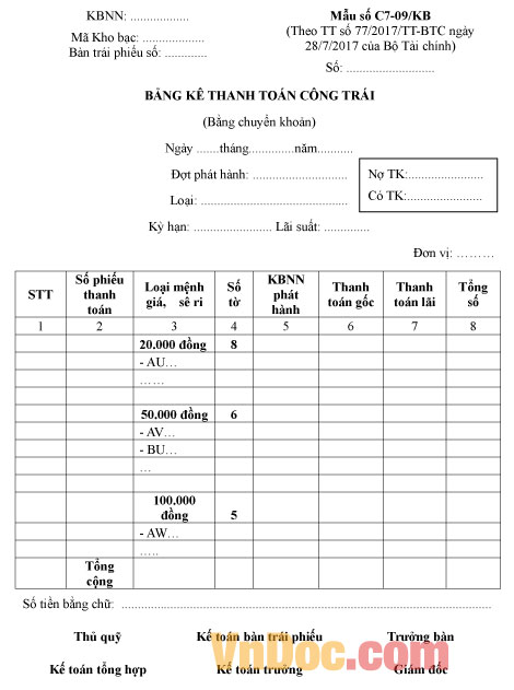 Mẫu số C7-09/KB bảng kê thanh toán công trái (bằng chuyển khoản)