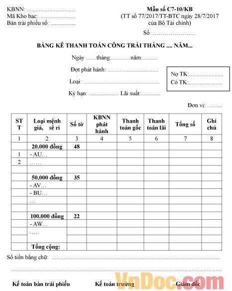 Mẫu số C7-10/KB bảng kê thanh toán công trái