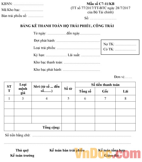 Mẫu số C7-11/KB bảng kê thanh toán hộ trái phiếu, công trái