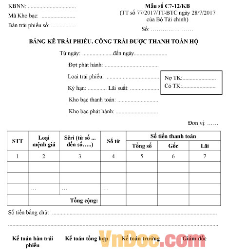 Mẫu số C7-12/KB bảng kê trái phiếu, công trái được thanh toán hộ