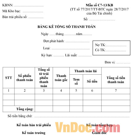 Mẫu số C7-13/KB bảng kê tổng số thanh toán