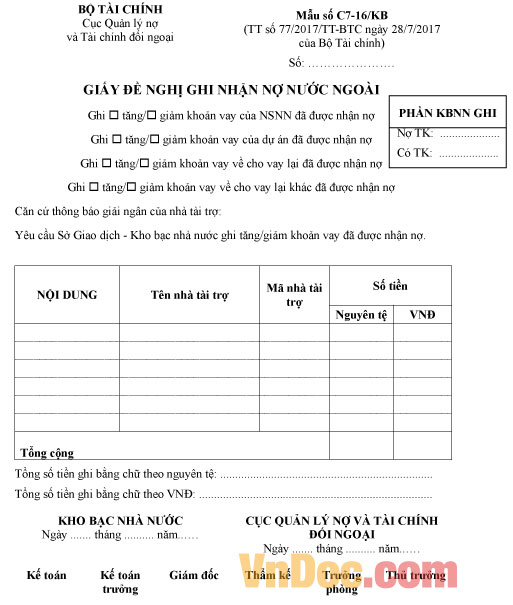 Mẫu số C7-16/KB giấy đề nghị ghi nhận nợ nước ngoài