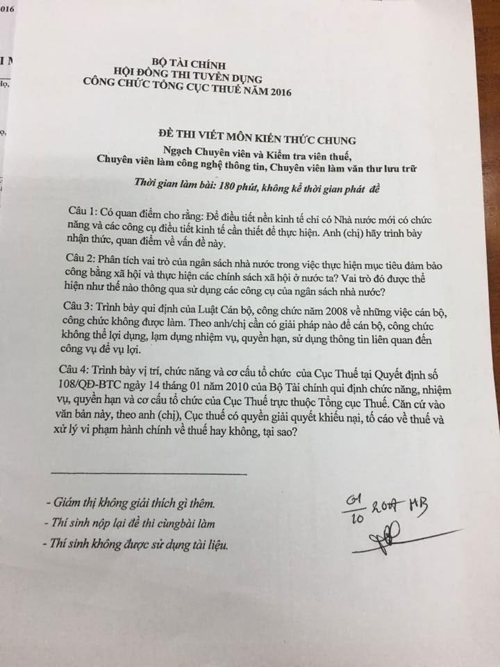 Đề thi viết môn Kiến thức chung ngành công chức Thuế