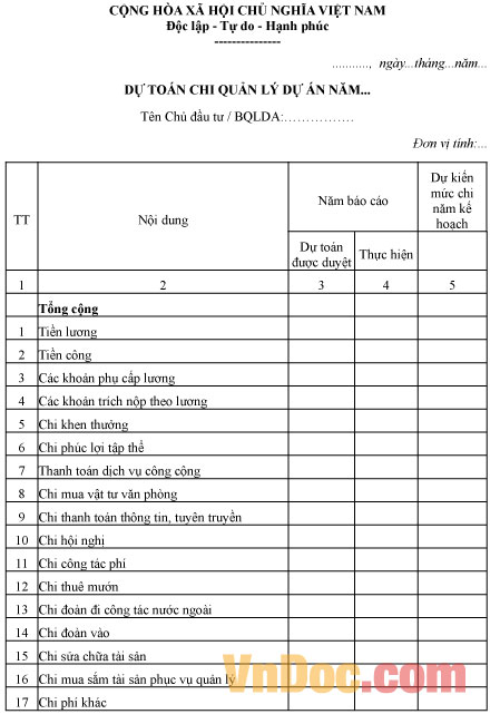 Mẫu dự toán chi quản lý dự án