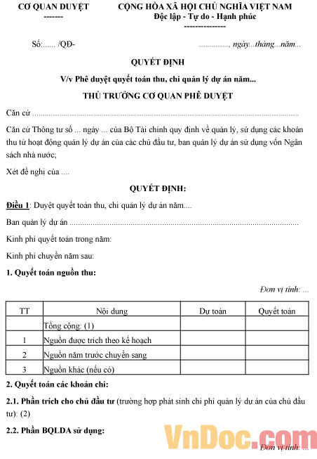 Mẫu quyết định phê duyệt quyết toán thu, chi quản lý dự án