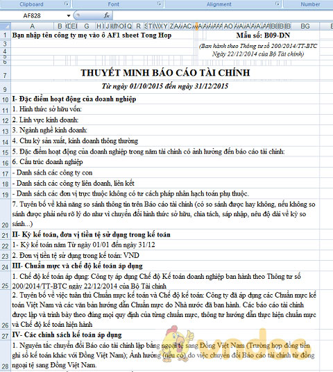 Bảng thuyết minh báo cáo tài chính theo thông tư 200