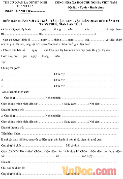 Mẫu biên bản khám nơi cất giấu tài liệu, tang vật liên quan đến hành vi trốn thuế, gian lận thuế