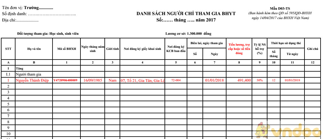 Mẫu đóng bảo hiểm y tế năm 2017-2018