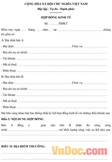 Mẫu hợp đồng kinh tế xây dựng