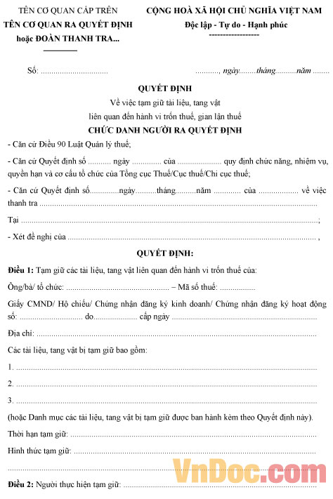 Mẫu quyết định về việc tạm giữ tài liệu, tang vật liên quan đến hành vi trốn thuế, gian lận thuế