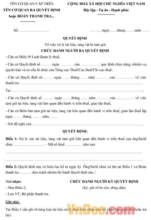 Mẫu quyết định về việc xử lý tài liệu, tang vật bị tạm giữ