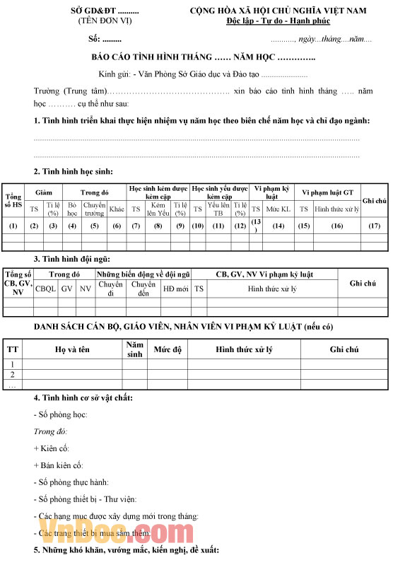Mẫu báo cáo tình hình tháng