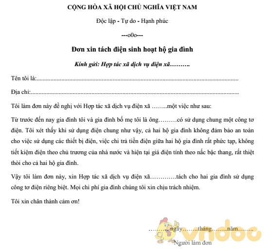Đơn xin tách điện sinh hoạt
