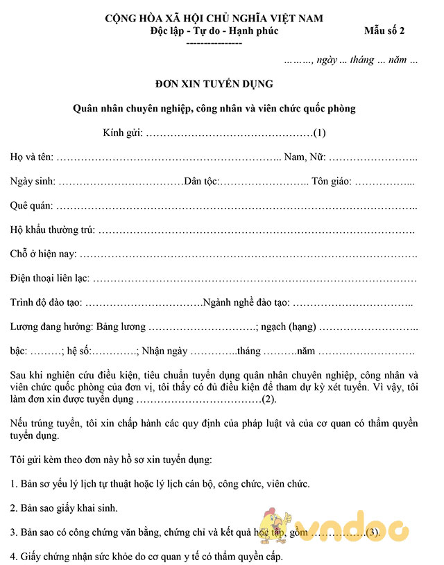Đơn xin tuyển dụng quân nhân chuyên nghiệp, công nhân và viên chức quốc phòng