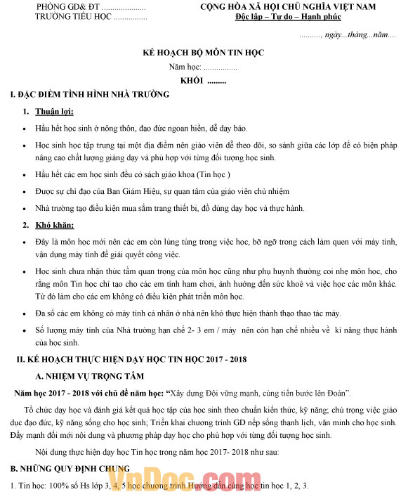 Mẫu kế hoạch giảng dạy bộ môn Tin học