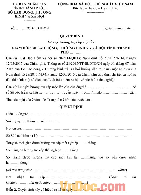 Mẫu quyết định về việc hưởng trợ cấp một lần