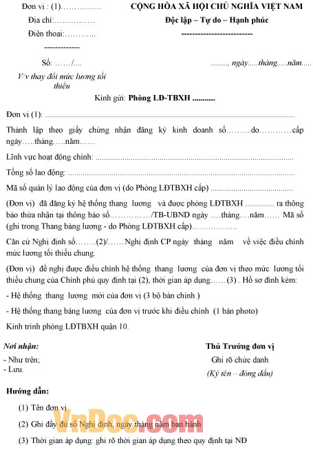 Mẫu công văn về thay đổi mức lương tối thiểu