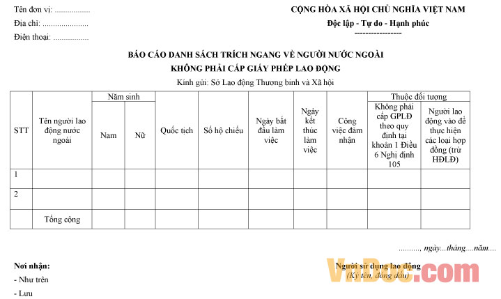 Mẫu báo cáo người lao động nước ngoài không phải cấp giấy phép