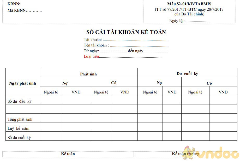 Mẫu sổ cái tài khoản kế toán