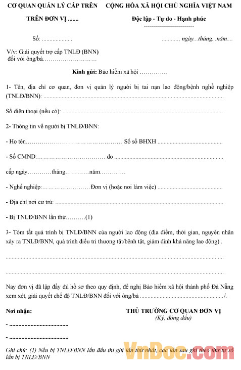 Mẫu giải quyết trợ cấp Tai nạn lao động - bệnh nghề nghiệp