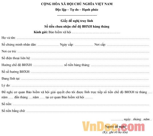 Mẫu giấy đề nghị truy lĩnh số tiền chưa nhận