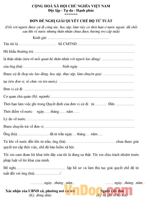 Mẫu đơn đề nghị giải quyết chế độ tử tuất