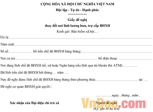 Mẫu giấy đề nghị thay đổi nơi lĩnh lương hưu, trợ cấp BHXH