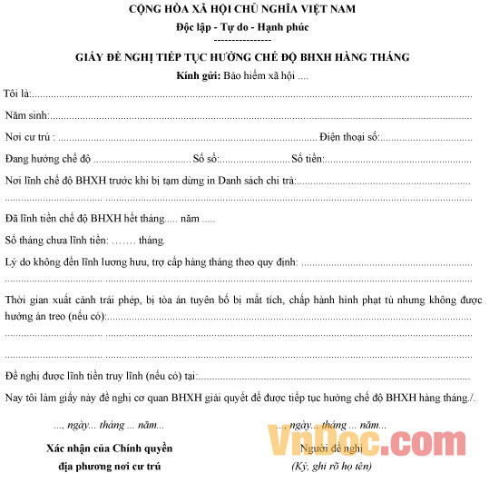 Mẫu giấy đề nghị tiếp tục hưởng chế độ BHXH hàng tháng