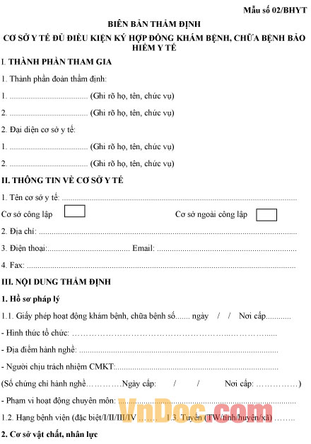 Mẫu số 02/BHYT: Biên bản thẩm định cơ sở y tế đủ điều kiện ký hợp đồng khám, chữa bệnh bằng BHYT