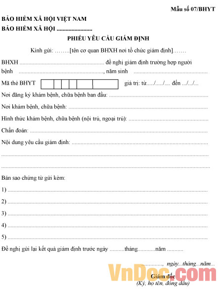 Mẫu số 07/BHYT: Phiếu yêu cầu giám định