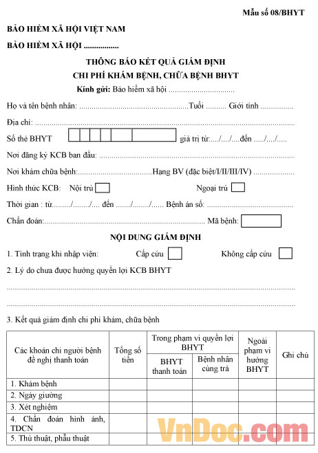 Mẫu số 08/BHYT: Thông báo kết quả giám định chi phí khám bệnh, chữa bệnh BHYT