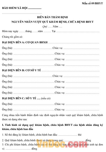 Mẫu số 09/BHYT: Biên bản thẩm định nguyên nhân vượt quỹ khám, chữa bệnh BHYT