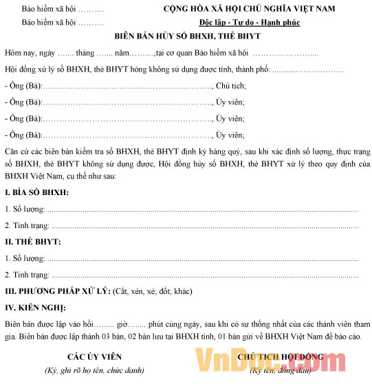 Mẫu biên bản hủy sổ BHXH, BHYT