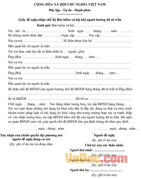 Mẫu giấy đề nghị nhận chế độ BHXH khi người hưởng đã từ trần