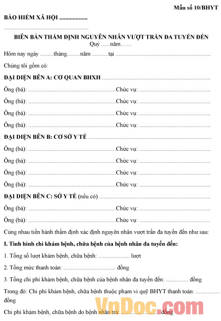 Mẫu số 10/BHYT: Biên bản thẩm định nguyên nhân vượt trần đa tuyến