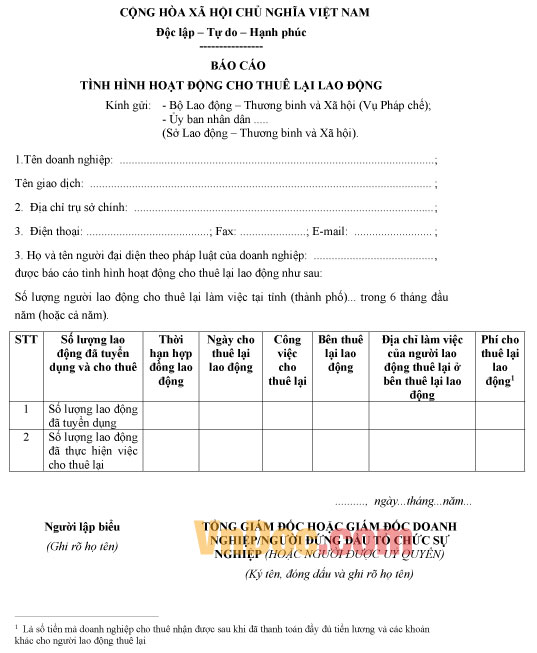 Mẫu báo cáo tình hình hoạt động cho thuê lại lao động