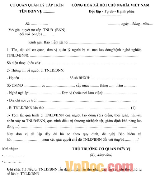 Mẫu đơn đề nghị giải quyết chế độ bệnh nghề nghiệp của người sử dụng lao động