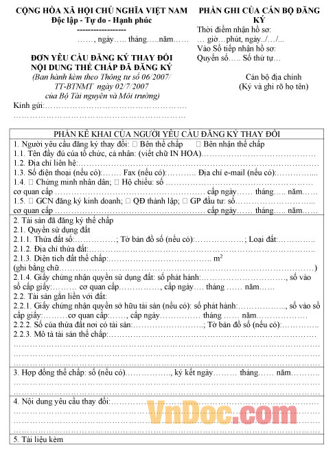 Mẫu đơn yêu cầu đăng ký thay đổi nội dung thế chấp đã đăng ký
