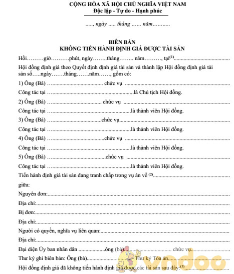 Biên bản không tiến hành định giá được tài sản