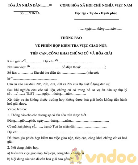 Thông báo về phiên họp kiểm tra việc giao nộp, tiếp cận, công khai chứng cứ và hòa giải