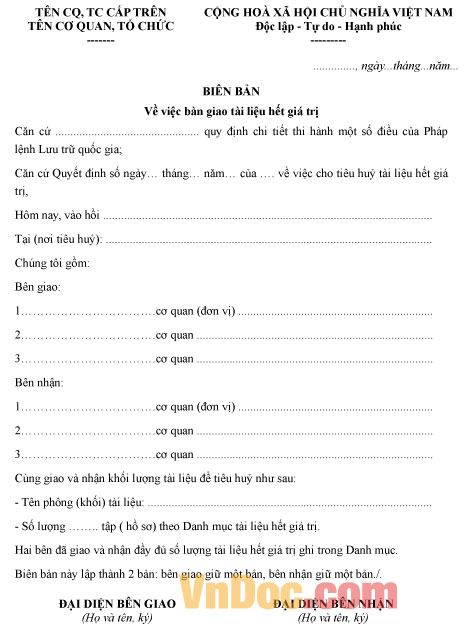 Mẫu biên bản bàn giao tài liệu hết giá trị