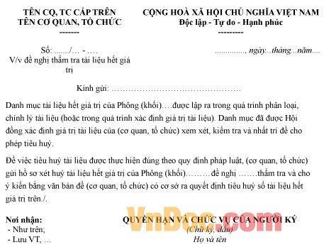 Mẫu tờ trình về việc thẩm tra tài liệu hết giá trị